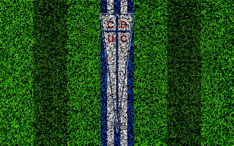 CD Universidad Catolica logo, grass texture, Club Deportivo, Chilean football club, football lawn, blue white lines, emblem, Santiago, Chile, Chilean Primera Division, football, HD wallpaper