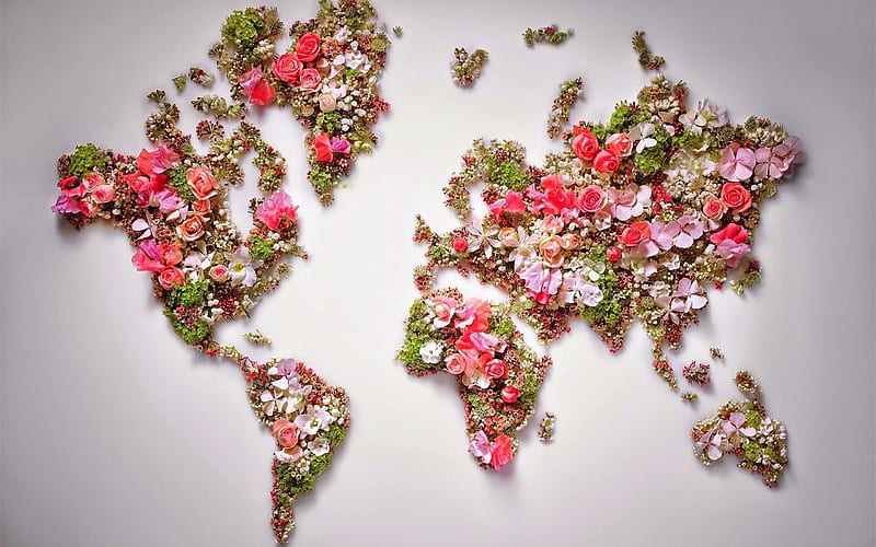 world map, continents, flowers, HD wallpaper