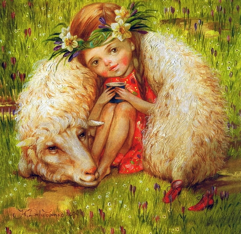 Cosy tea time, art, nataliya derevyanko, luminos, sheep, oaie, girl, oi, cup, copil, painting, oita, child, pictura, HD wallpaper