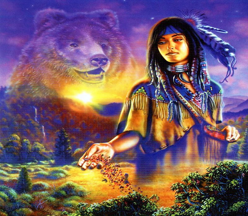 Native Dreams, bear, sunset, fantasy, landscape, HD wallpaper | Peakpx