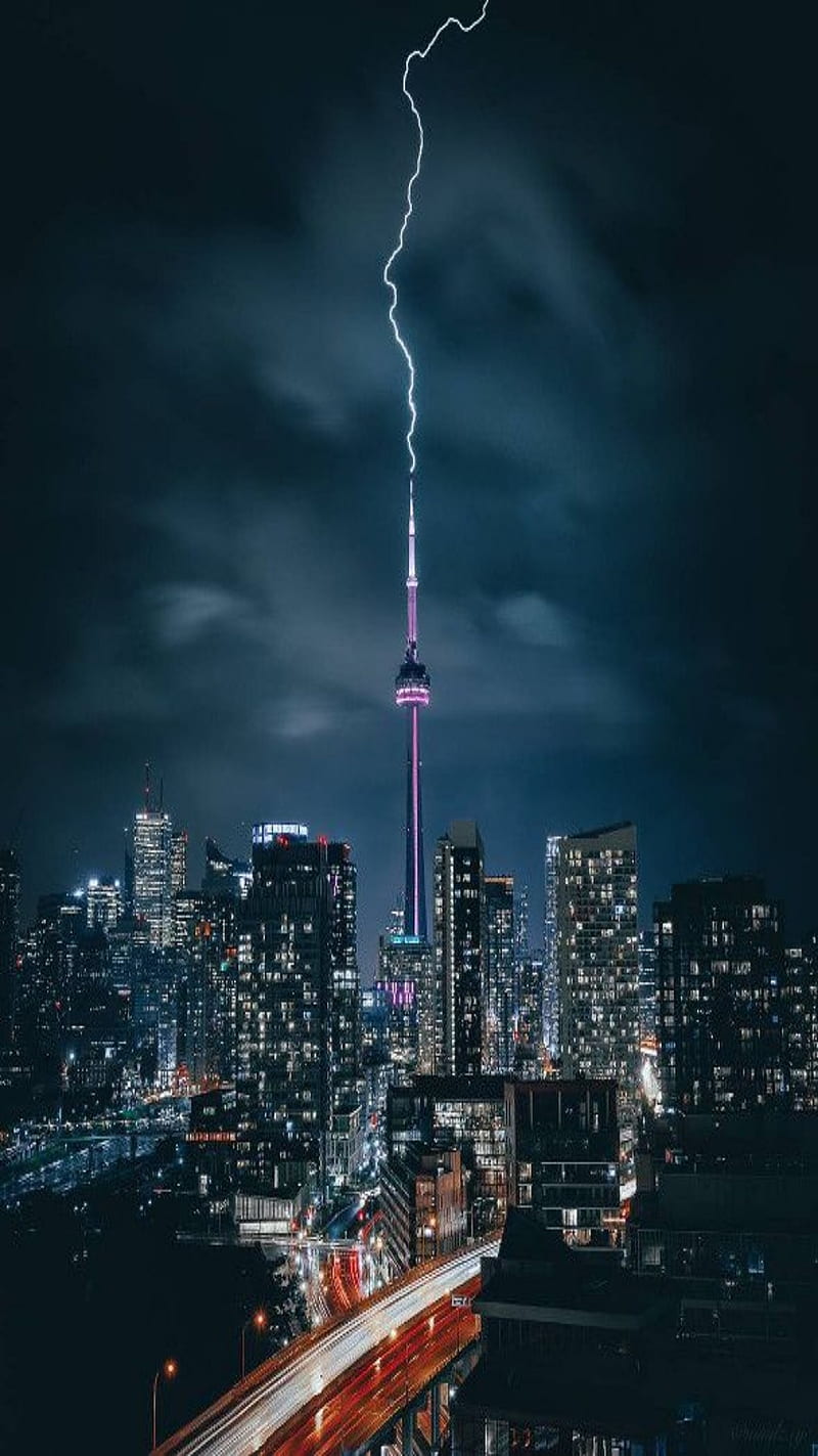 CN Tower Lightning, buildings, canada, canadian, city, cn tower, lights, ontario, skyscrapers, storm, toronto, HD phone wallpaper