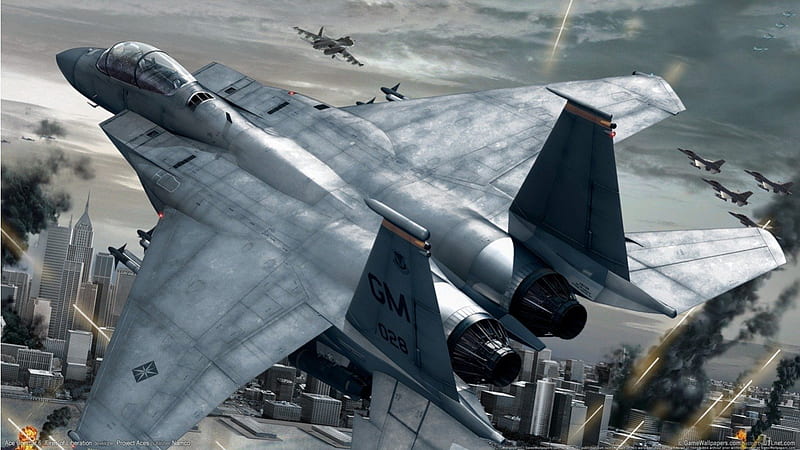 ace combat fires of liberation, plane, sky, clouds, buildings, HD wallpaper