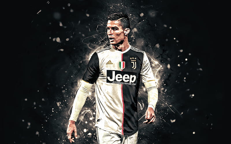 Cristiano Ronaldo, 2019, new uniform, Juventus FC, portuguese footballers, Italy, CR7 Juve, goal, Bianconeri, football stars, Serie A, neon lights, soccer, CR7, HD wallpaper