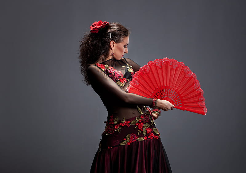 Flamenco dancer, red, flamenco, model, black, hand fan, woman, dancer, girl, fan, HD wallpaper