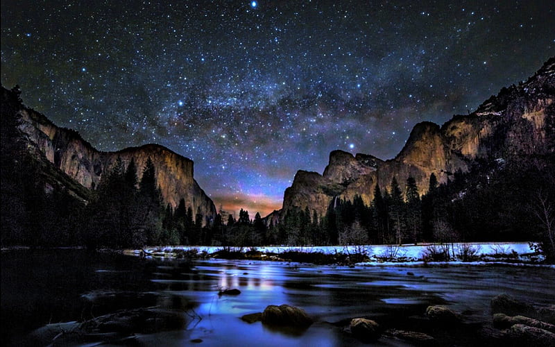 Yosemite Valley, bonito, clouds, valley, splendor, beauty, river, sunrise, blue, stars, Yosemite, lovely, view, milky way, sky, trees, lake, tree, water, mountains, peaceful, nature, landscape, HD wallpaper