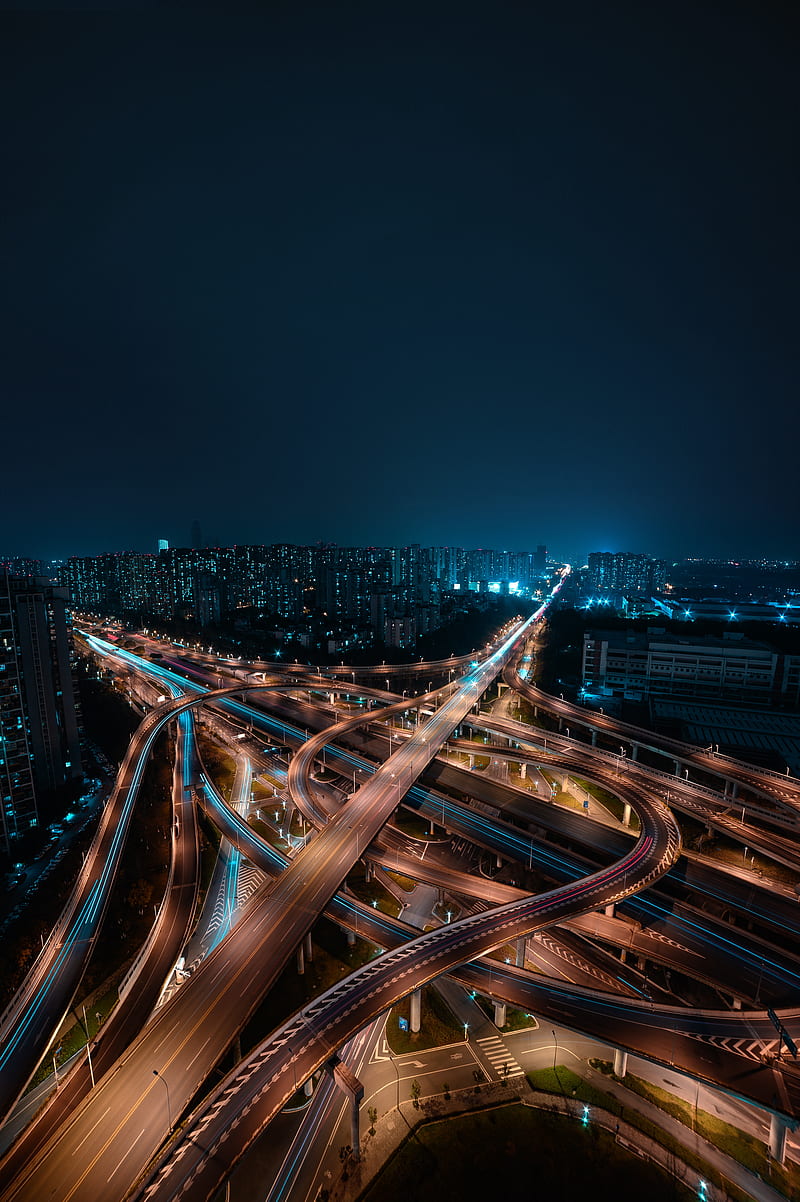 night city, aerial view, roads, buildings, metropolis, HD phone wallpaper