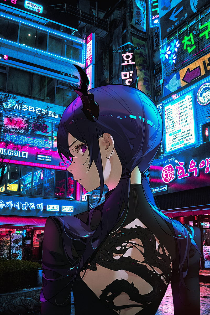 Cyberpunk anime characters with blue hair and neon glow