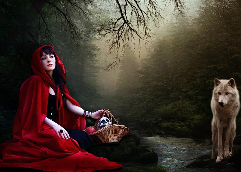 Lady in red, red, fantasy, wolf, lady, HD wallpaper | Peakpx