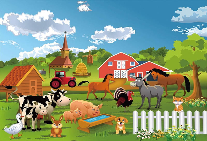 Leowefowa dibujos animados animales de granja telón de vinilo .5ft campo  rojo corral gallina vaca caballo aves pesebre niño bebé birtay fiesta  banner baby shower props: electrónica, Fondo de pantalla HD |