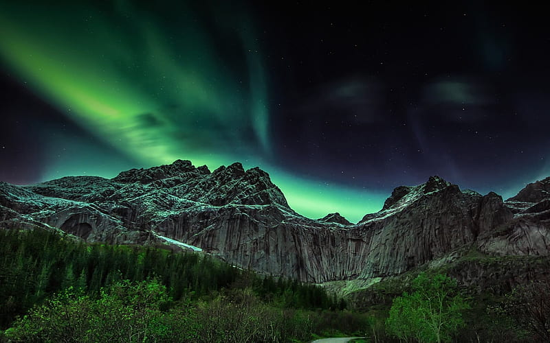 northern lights, mountains, night, gori, norway, HD wallpaper
