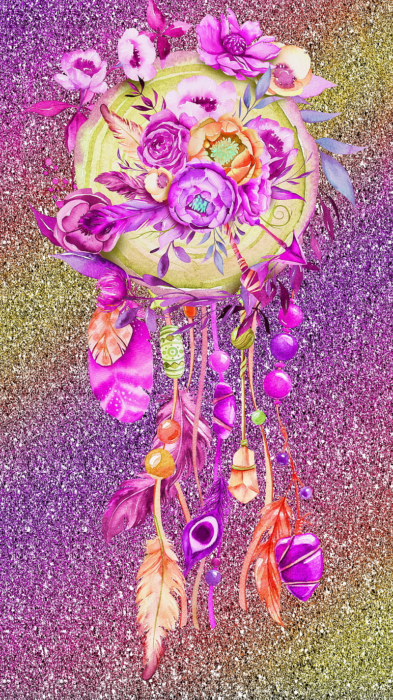 DreamCatcher, abstract, desenho, dream, flowers, glitter, paint, purple, stars, HD phone wallpaper
