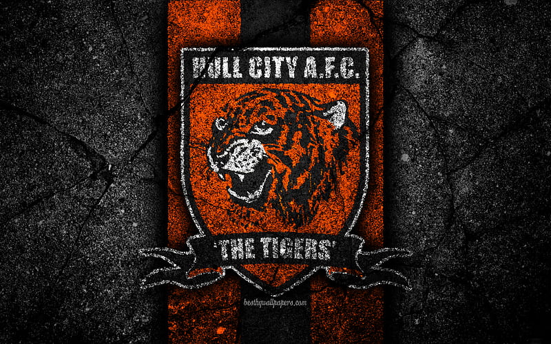 Hull City FC, logo, EFL Championship, black stone, football club, England, Hull City, soccer, emblem, asphalt texture, FC Hull City, HD wallpaper
