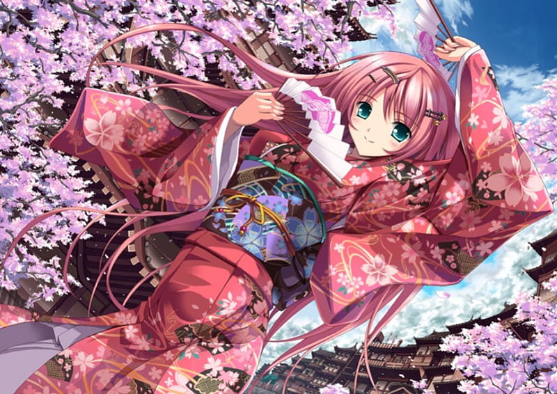 Dance of Sakura, pretty, house, sakura blossom, dancing, cherry blossom, sweet, nice, anime, yukata, hot, anime girl, long hair, sakura, female, cloud, lovely, sky, kimono, sexy, building, cute, girl, dance, fan, HD wallpaper