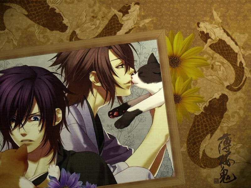 Okita & Saito, Fish, Okita, Cat, Saito, Hakuouki Shinsengumi Kitan, Flowers, Male, HD wallpaper Okita & Saito, Fish, Okita, Cat, Saito, Hakuouki Shinsengumi Kitan, Flowers, Male, HD wallpaper