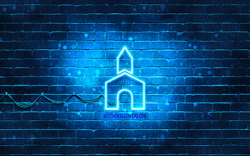 Chapel neon icon blue background, neon symbols, Chapel, neon icons, Chapel sign, buildings signs, Chapel icon, buildings icons, HD wallpaper