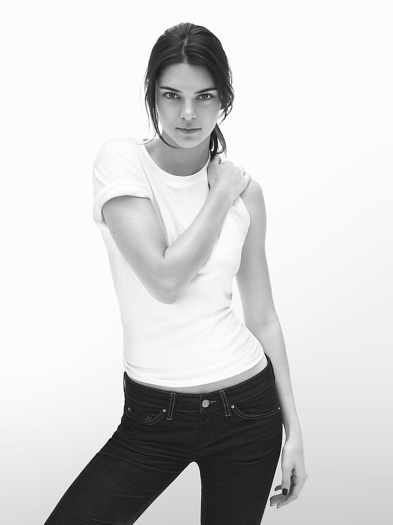 Kendall Jenner, women, brunette, model, simple background, white background, monochrome, looking at viewer, jeans, standing, T-shirt, white tops, HD phone wallpaper
