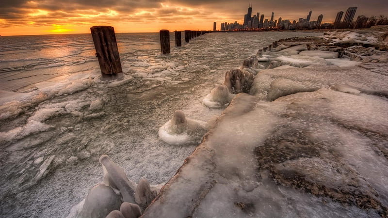 frozen lake michigan at chicago r, stakes, city, ice, r, lake, HD wallpaper