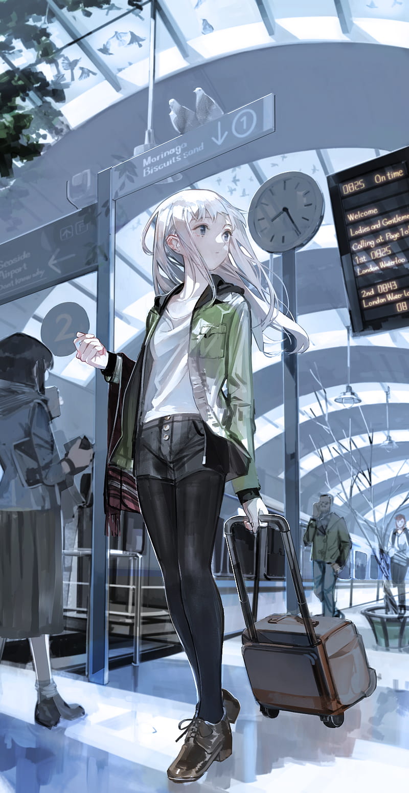 anime, anime girls, urban, suitcase, clocks, city, standing, long hair, vertical, white hair, jacket, HD phone wallpaper