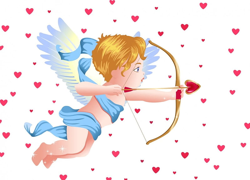 Cupid, red, wings, angel, blonde, valentine, card, arrow, cute, girl, heart, copil, child, archer, white, blue, HD wallpaper