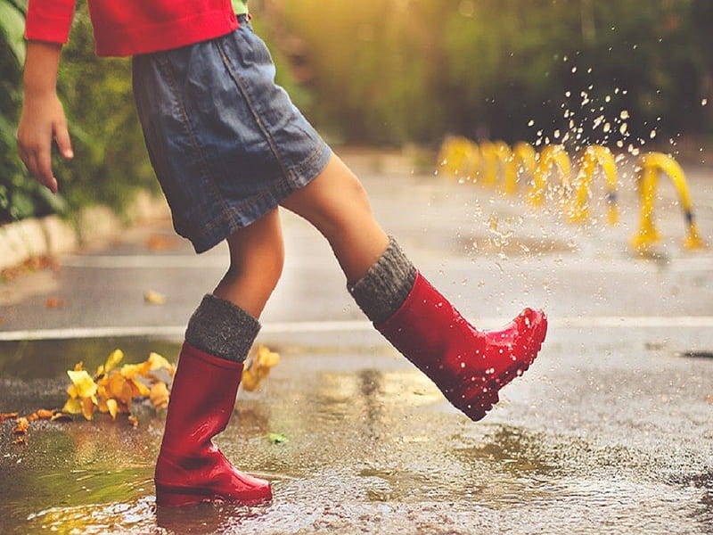 Puddles, autumn, boots, splashing, child, rain, trees, street, HD wallpaper