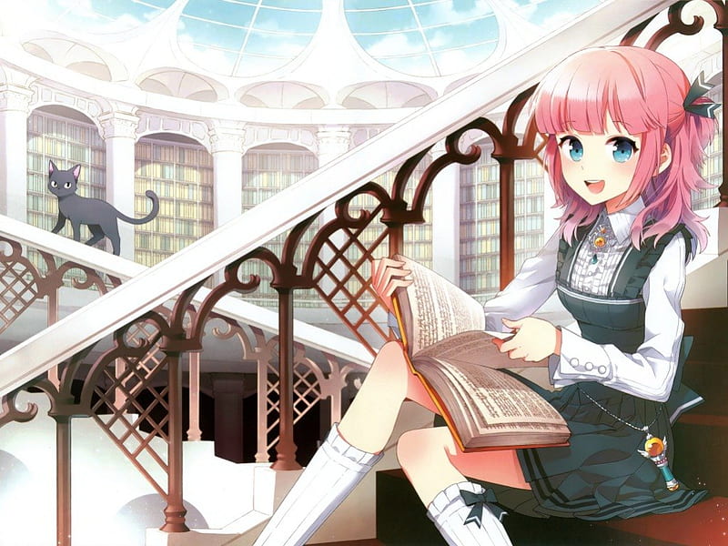 Anime Girl Reading a Book!!! :), cute, girl, anime, book, cat, pink, sweet,  HD wallpaper | Peakpx