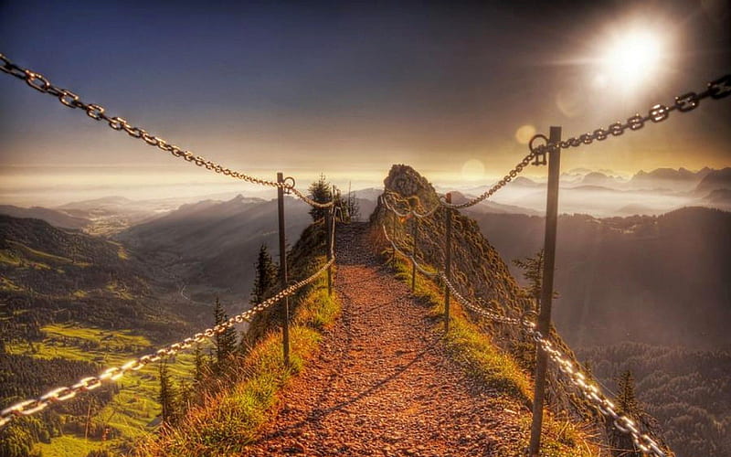chained path to the top of grosser maythen mountain r, mountain, peak, path, r, chains, valley, HD wallpaper