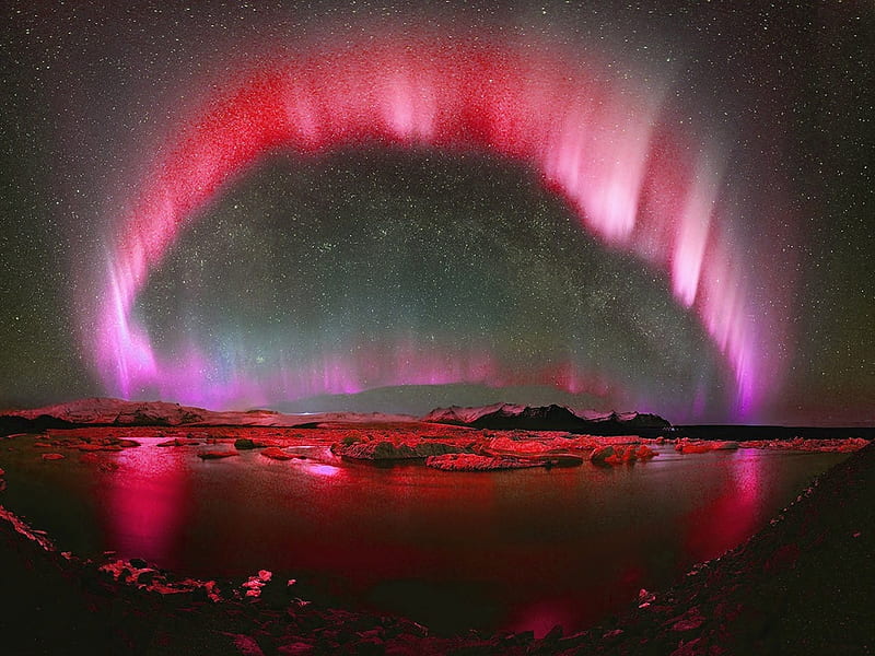 Red Aurora Borealis, red, borealis, aurora, northern, sky, lake, night, light, HD wallpaper