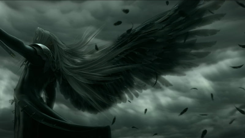 Sephiroth, ff7, games, wings, cloudy, final fantasy 7, white hair, video games, advent children, clouds, trench coat, anime, dark, final fantasy, long hair, feathers, HD wallpaper