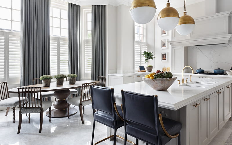 stylish interior, kitchen, classic style, white wooden kitchen furniture, modern interior design, HD wallpaper