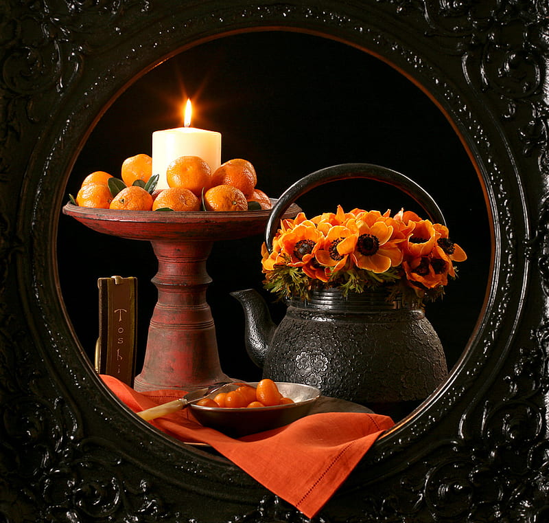 mandarine, teacup, flowers & frame, teapot, still life, anemones, mandarines, orange, cake stand, burning candle, HD wallpaper