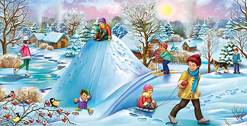 Big and small, children, fantasy, snow, winter, HD wallpaper