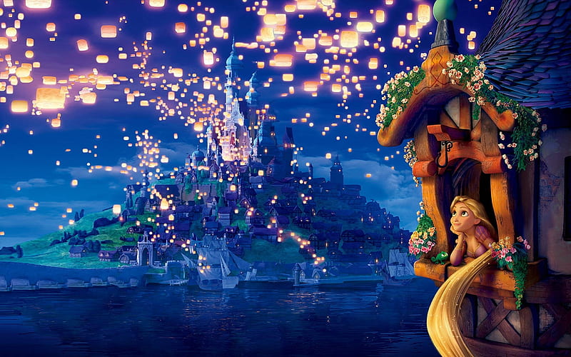 Rapunzel, tower, castle, lights, night, HD wallpaper