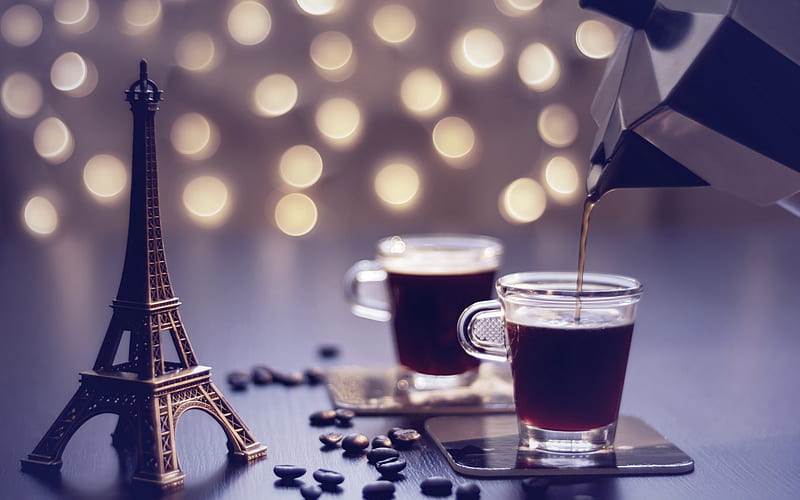 coffee cups, Eiffel Tower figurine, coffee in Paris, coffee concepts, coffee beans, travel to Paris, France, HD wallpaper
