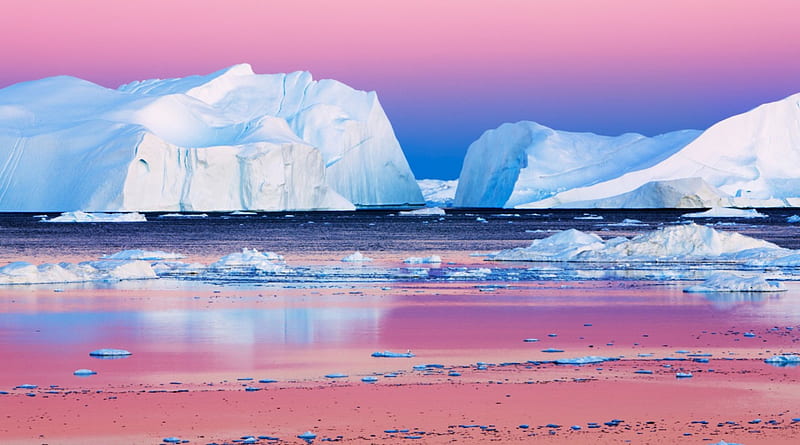 beautiful arctic seascape, sky, icebergs, pink, sea, HD wallpaper