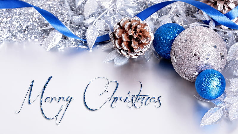 Sparkle and Shine of Blue, Christmas, Feliz Navidad, ribbons, winter, pine cones, balls, snow, decorations, blue, HD wallpaper