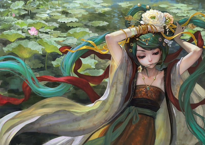 Hatsune Miku, art, lotus, manga, water, girl, anime, flower, aqua, beauty, lilly, green hair, HD wallpaper