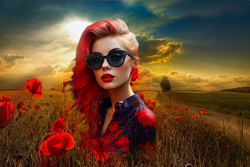 Bright Color Block Pops Of Red, dress, colorful, black, white, vibrant, girl, sun glasses, vivid, red, yellow, bright, bold, flowers, HD wallpaper