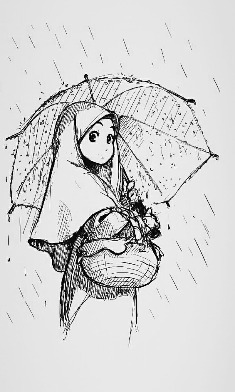 The Umbrella Girl, hijab, islamic, moeslim, rain, raindrops, raining, HD phone wallpaper
