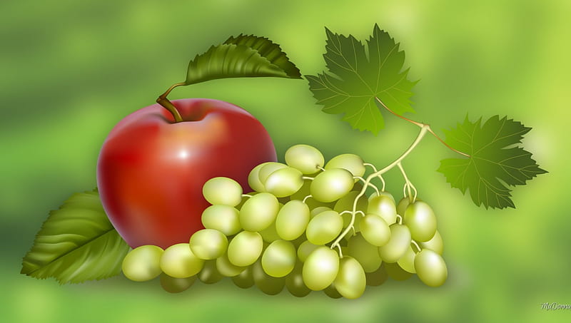 Apples and Grapes, apple, delicious, food, fresh, fruit, grapes, leaves, green, healthy, HD wallpaper