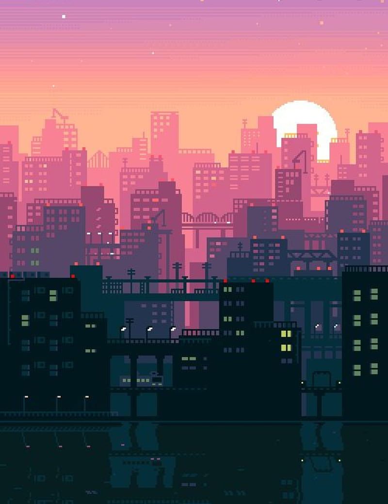 City, 80s, buildings, cute, pretty, sunset, HD phone wallpaper