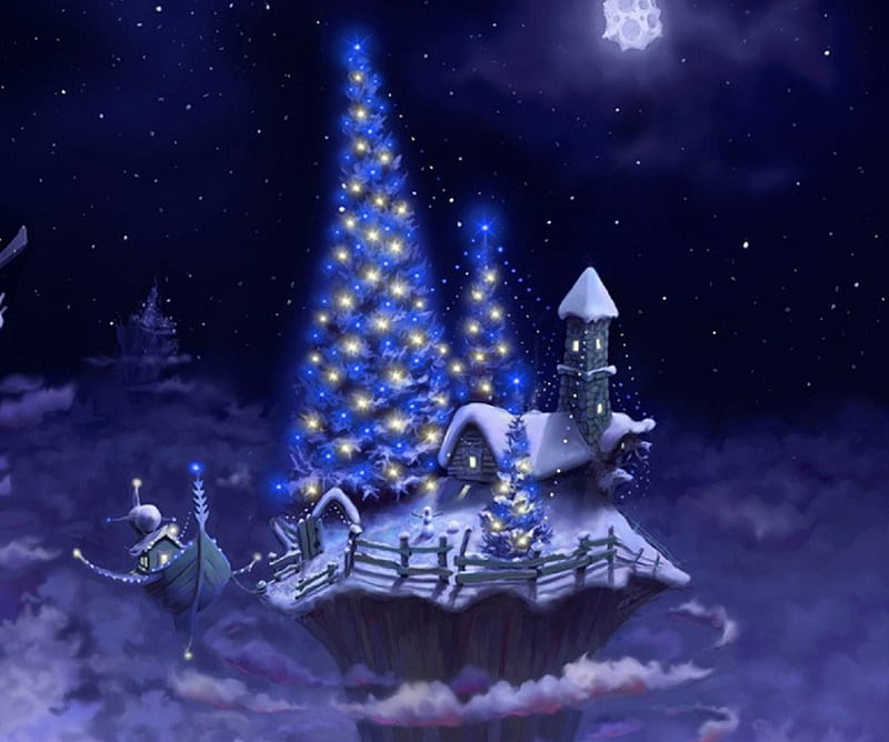 Christmas Night, christmas tree, house, snow, tree, winter, HD wallpaper