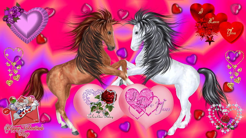 Horsey Valentine's Day, valentines day, fantasy, holiday, heart, valentine, horse, pink, horses, HD wallpaper
