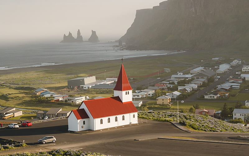 Church in Vik, Iceland, village, church, coast, Iceland, HD wallpaper