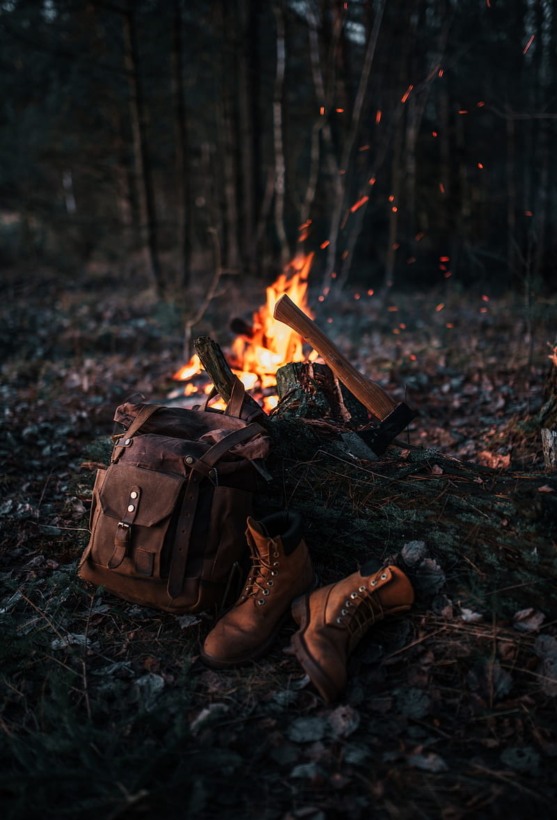 bonfire, ax, backpack, boots, nature, HD phone wallpaper