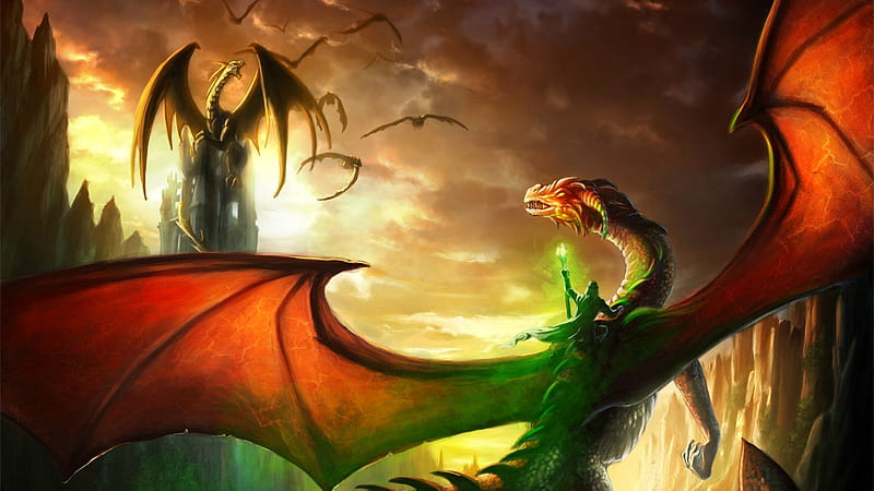 Fantasy Red And Green Dragon Is Flying Above Dreamy, HD wallpaper