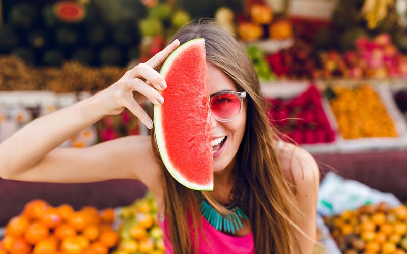 :), girl, watermelon, slice, woman, smile, summer, sunglasses, pepene, red, fruit, face, vara, HD wallpaper