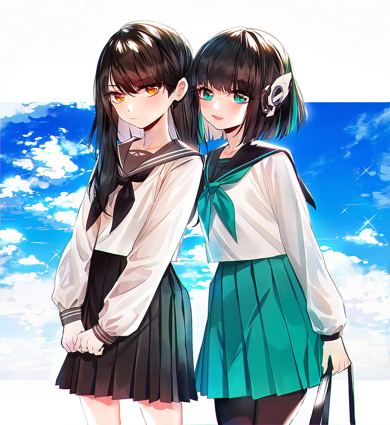 kamen raider, anime girls, school uniform, friends, clouds, black hair, Anime, HD phone wallpaper