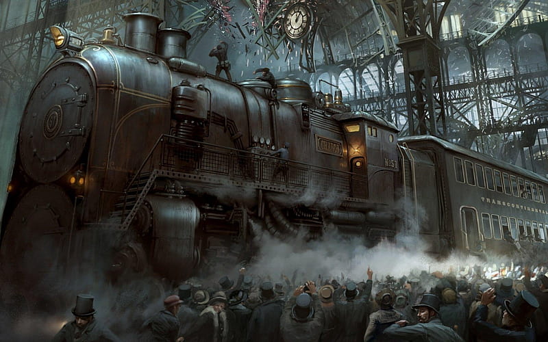 steampunk train, station, train, men, steampunk, HD wallpaper