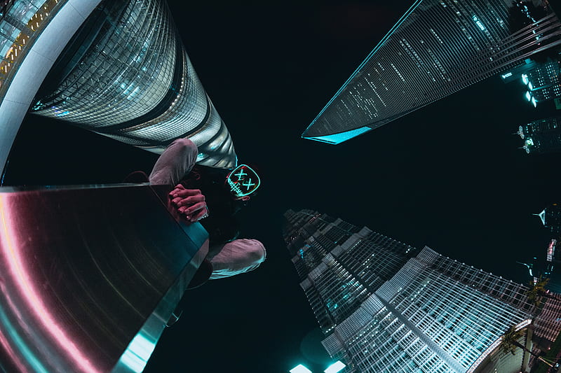 mask, skyscrapers, anonymous, architecture, bottom view, HD wallpaper