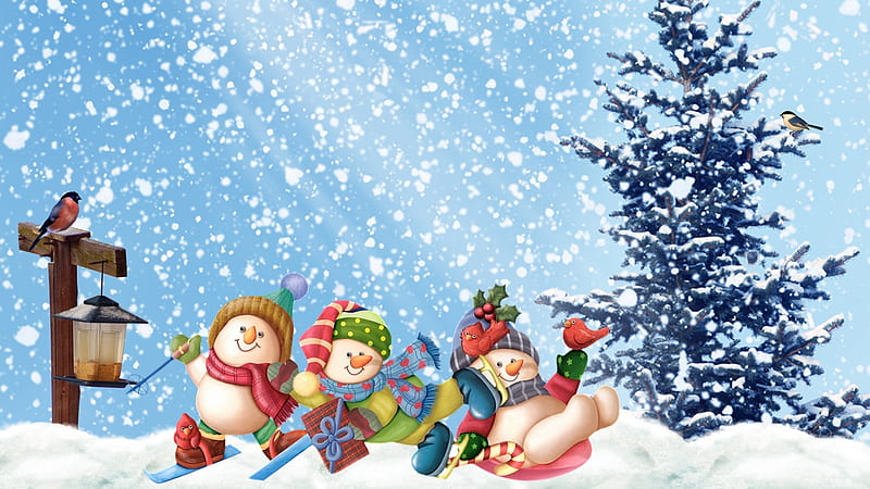 Three Busy Snowmen, Christmas, snowmen, birds, fun, trees, happy, winter, bird feeder, snow, Firefox Persona theme, HD wallpaper